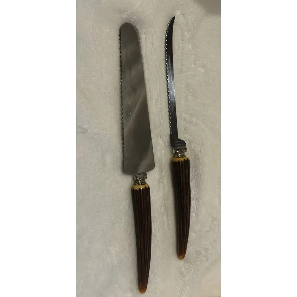 Set Of 2 Antique Stainless Antler Stag Horn Knifes Sharp Carving Made In USA